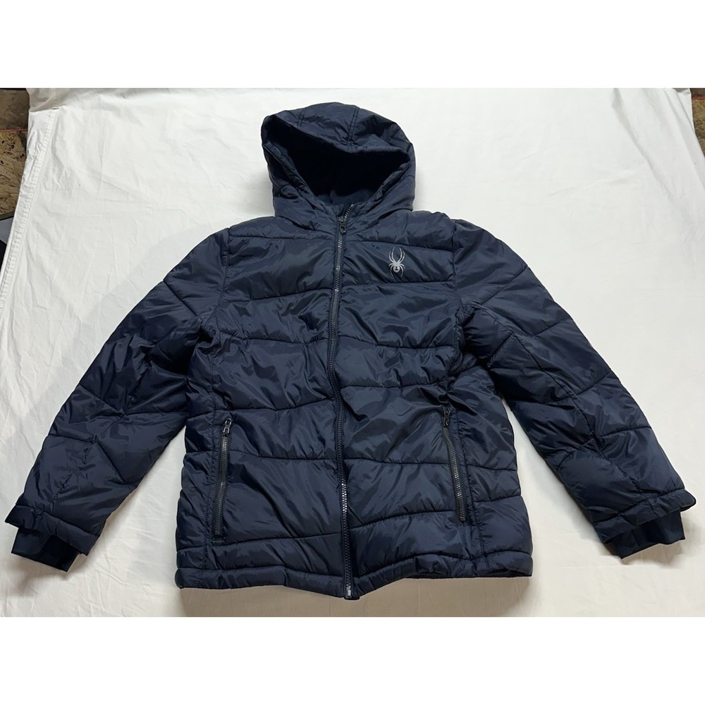 Spyder Boys Black Hooded Puffer Jacket Full Zip Pockets Size L 14/16